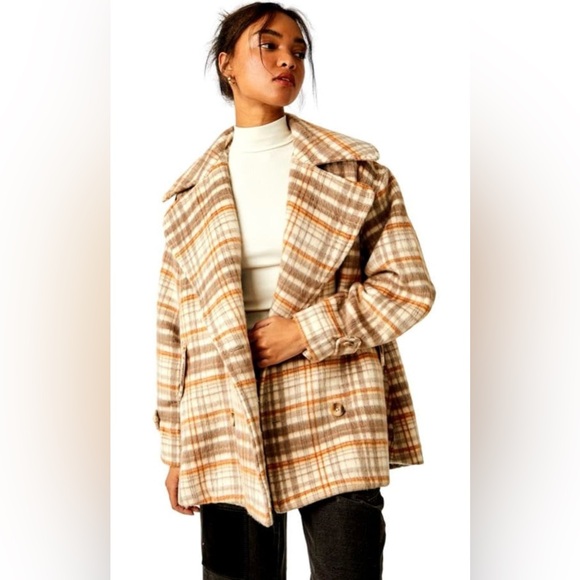 NEW! Free People Women's Highlands Wool Peacoat, in Brown and Cream. Size L - Picture 2 of 6